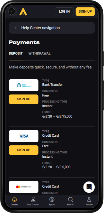 Amonbet casino payment methods